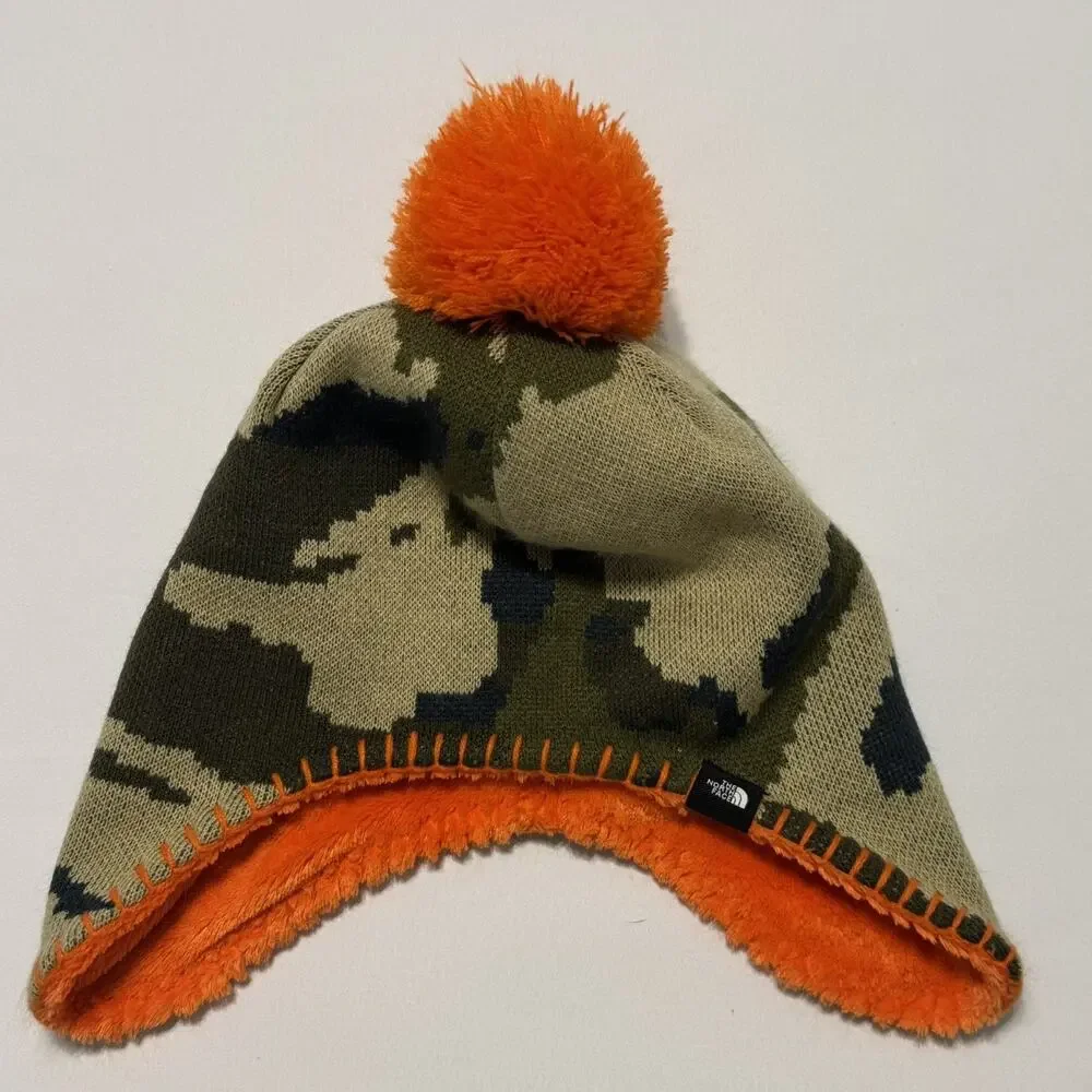 North Face Camo And Orange Fleece Cozy Pom Beanie Hat Baby EUC 4T
